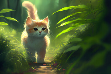 A little cat is walking in the green forest Generative AI