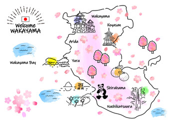 春の和歌山県の観光地のシンプル線画イラストマップ（ピンク）