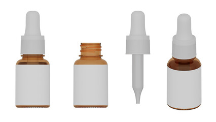 MOCK UP of brown glass serum bottle isolated on white, 3d rendering of serum bottle PNG transparent