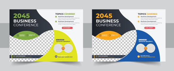Corporate horizontal business conference flyer template, Business conference flyer template design, Annual corporate business workshop, meeting, training, business webinar flyer template