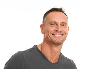 Mature man, portrait and smile with mockup background, studio space and trust in Australia. Happy...