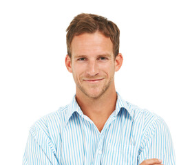 Obraz premium Portrait, business man and face with white background, leadership and trust in Australia. Male model, corporate manager and professional worker on studio background, happy ceo and management success