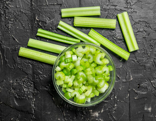 Sliced celery in a bowl.
