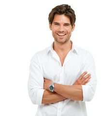 Fashion, young and man model in a studio with a casual, brand apparel and luxury classy outfit. Happiness, natural and portrait of a male from Canada with trendy clothes isolated by white background.