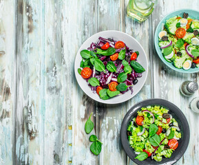 Vegetable salad. A variety of organic salads, vegetables with olive oil and spices .