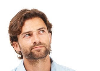 Thinking, idea and face of businessman on a white background for brainstorming, planning and strategy. Creative leader, inspiration and male entrepreneur for vision, thoughtful and goals in studio