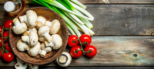 Healthy food. Variety of organic vegetables and mushrooms .