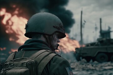 Close up of a soldier  in uniform. War zone background with tank and fire. Generative AI illustration.