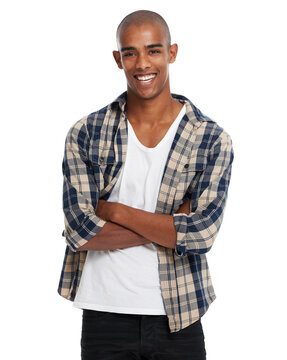 Portrait, Fashion And Bald With A Black Man Arms Crossed In Studio Standing On A White Background In Casual Clothes. Face, Happy And Smile With A Handsome Young Male Posing In Contemporary Clothing