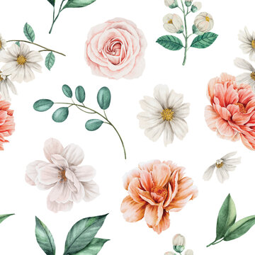 Peony and Floral Seamless Pattern Watercolor Art