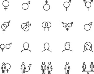 Vector set of gender line icons. Contains icons male, female, transgender, gay, lesbian, gender equality, heterosexual, gender avatar and more. Pixel perfect.