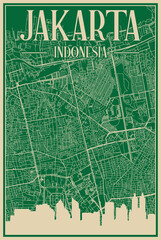 Green hand-drawn framed poster of the downtown JAKARTA, INDONESIA with highlighted vintage city skyline and lettering
