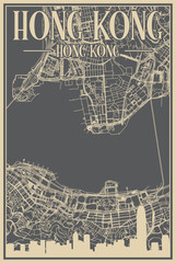 Grey hand-drawn framed poster of the downtown HONG KONG, CHINA with highlighted vintage city skyline and lettering