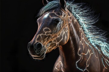 Fototapeta na wymiar Wild animals with wires and lightning on their bodies, on a black background horse