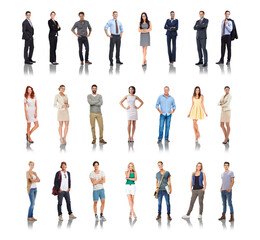 Obraz premium Diversity, different and professional employees standing in white background for employment or qualifications. People, happy workers and career success motivation or future vision isolated in studio