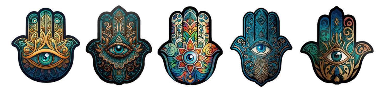 Set of watercolor hamsa hand symbol isolated on white. Generative AI, edited in Photoshop. Perfect stickers set
