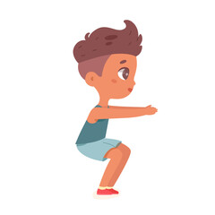 Kid squatting, side view of active boy training body health with situps sports exercise