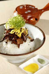 Japanese soy chicken and mushroom chazuke