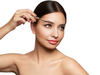 Beautiful woman puts mascara on her eyebrows. Eyelash extensions. Healthy clean fresh skin natural make up beauty eyes