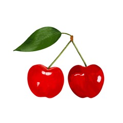 Two red cherries with a leaf separately on a white background, digital drawing.