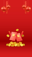 Obraz na płótnie Canvas Chinese New Year 3D Illustration With Ornament For Event Promotion Social Media Landing Page lucky money with red lanterns and coins for chinese new year celebration for the Chinese New Year