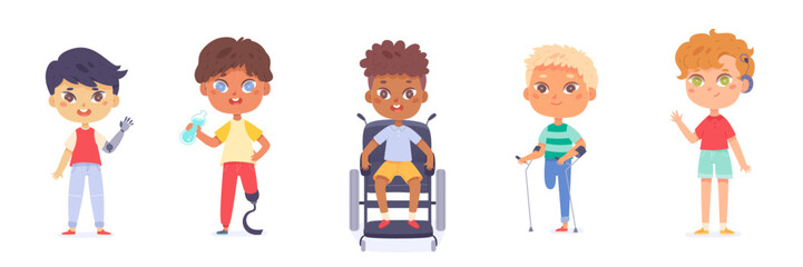 Disabled boys set, cute kids in wheelchair, on crutches or with prosthetic arm and leg