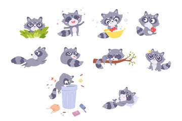 Cute raccoon poses set, funny racoon character eating apple, holding hearts and smiling
