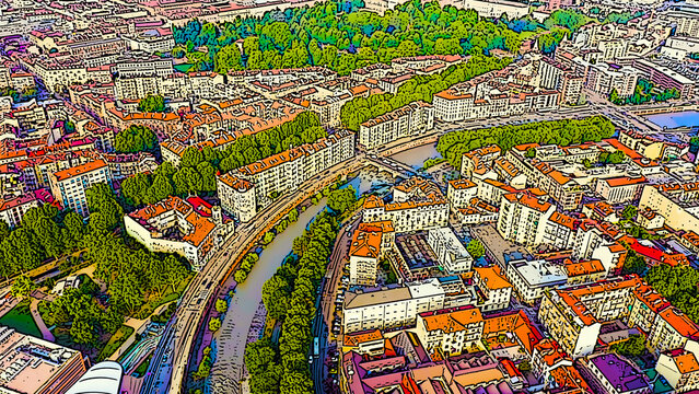 Turin, Italy. Flight over the city. Historical center, top view. Bright cartoon style illustration. Aerial view