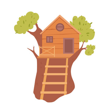 recommend clip art: Wooden house on summer green tree, empty treehouse with ladder in woods, park or garden
