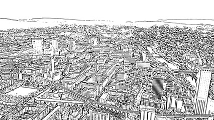 Zurich, Switzerland. Panorama of the city from the air. Limmat River. Doodle sketch style. Aerial view