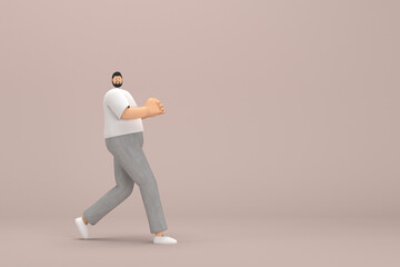 Fototapeta na wymiar The man with beard wearinggray corduroy pants and white collar t-shirt. He is pulling or pushing something. 3d rendering of cartoon character in acting.