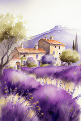 Lavande Provence, France. Champ de lavande peinture aquarelle. Generative AI.