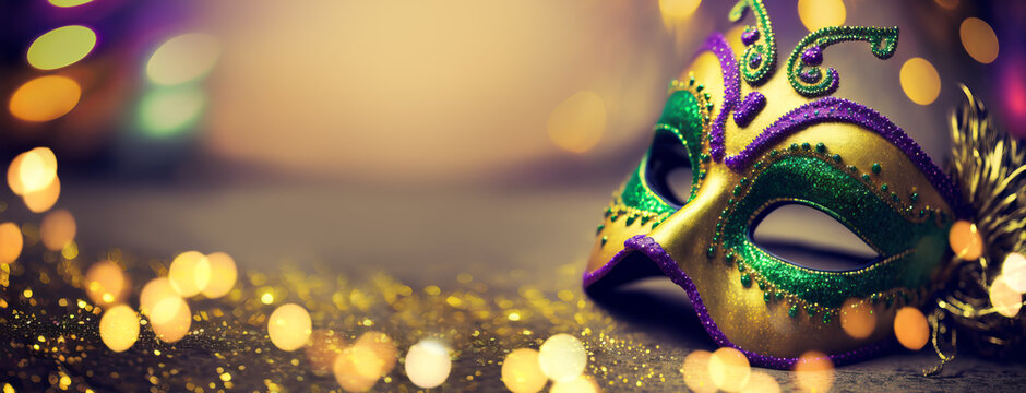 Gold, purple and green glittery mardi gras mask on shining bokeh city banner. Generative AI illustration