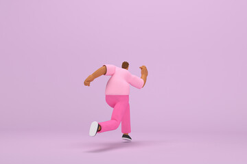 Fototapeta na wymiar The black man with pink clothes. He is running. 3d rendering of cartoon character in acting.