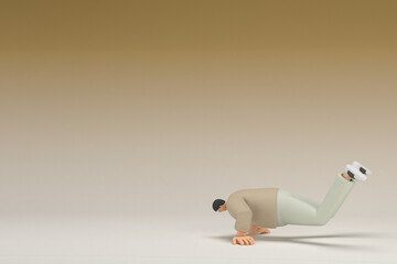 A man with glasses wearing brown cloth.  He is doing exercise.  3d rendering of cartoon character in acting.