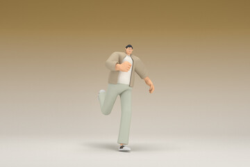 A man with glasses wearing brown cloth.  He is doing exercise.  3d rendering of cartoon character in acting.