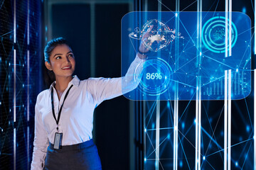 Female Technician touching on digital globe screen, future technology concept