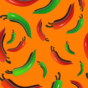 Seamless pattern with 3d red and green hot chilli peppers on orange background. For fabric, web, paper, print, website, wallpaper.