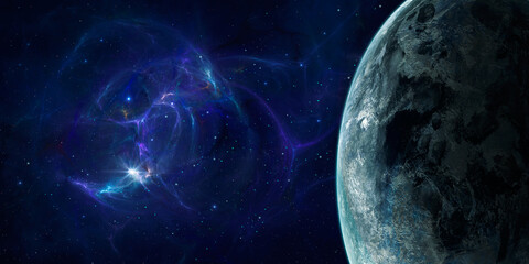 Space background. Planet in colorful fractal blue nebula. Elements furnished by NASA. 3D rendering