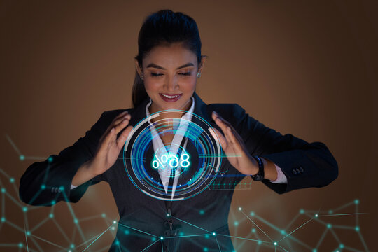 Businesswoman holding virtual screen , future technology concept