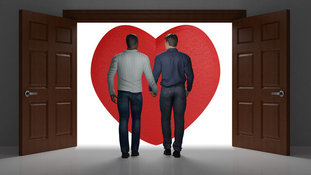 Amore, San Valentino. Coppia di due uomini attraversa una porta verso il futuro insieme.