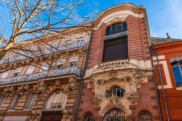 Iconic facade, Jean Suau street, in Toulouse, Occitanie, France