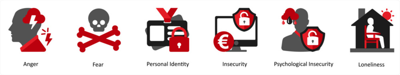 Six mix icons in red and black as anger, fear, personal identity