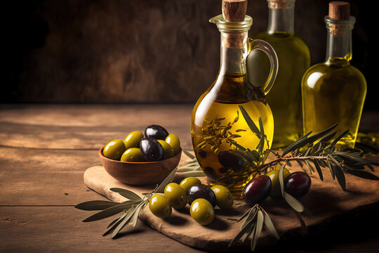Fresh olives and extra virgin healthy olive oil on a wooden background. Generative AI
