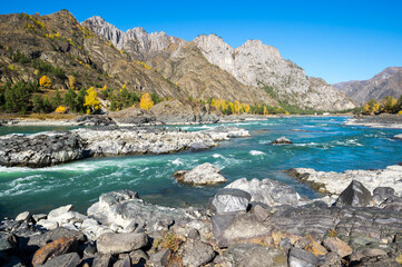 View of river Katun and Altay mountains in the autumn