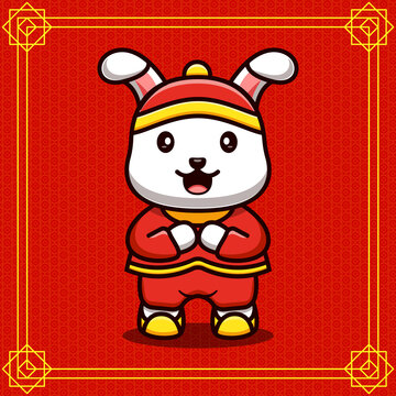 Chinese new year design vector illustration of a cute bunny giving a warm welcome