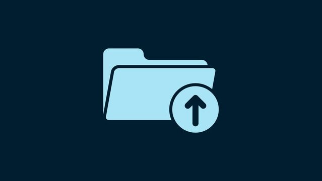 White Download arrow with folder icon isolated on blue background. 4K Video motion graphic animation