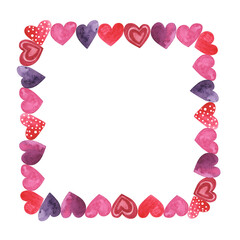 square frame made of hand painted watercolor hearts. Cute and romantic, perfect for Valentine's day greeting.