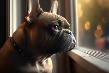 Fawn french bulldog looking outside throug a window. Dog waiting for his parent. Generative AI illustration.
