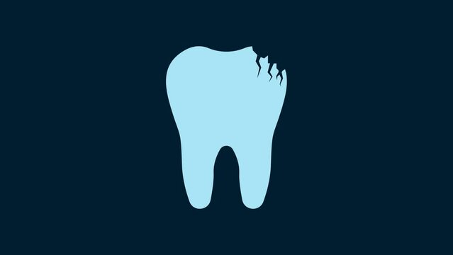 White Broken tooth icon isolated on blue background. Dental problem icon. Dental care symbol. 4K Video motion graphic animation